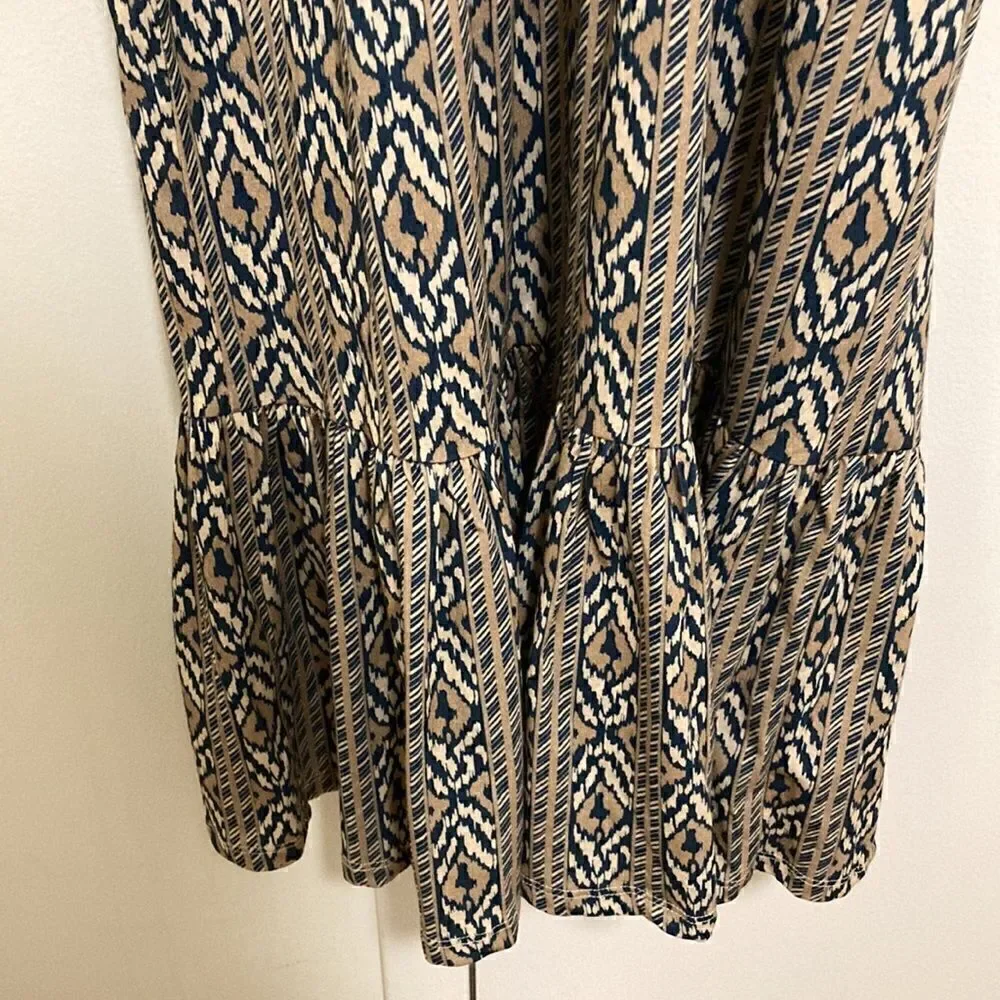 Imoga Pima NWT Organic Cotton Midi Shift Dress in Tan/Navy Ikat Print. Size 12.